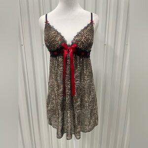 Y2K Cosmopolitan Leopard Babydoll Sheer Slip Dress Medium Fairy Dainty Vintage